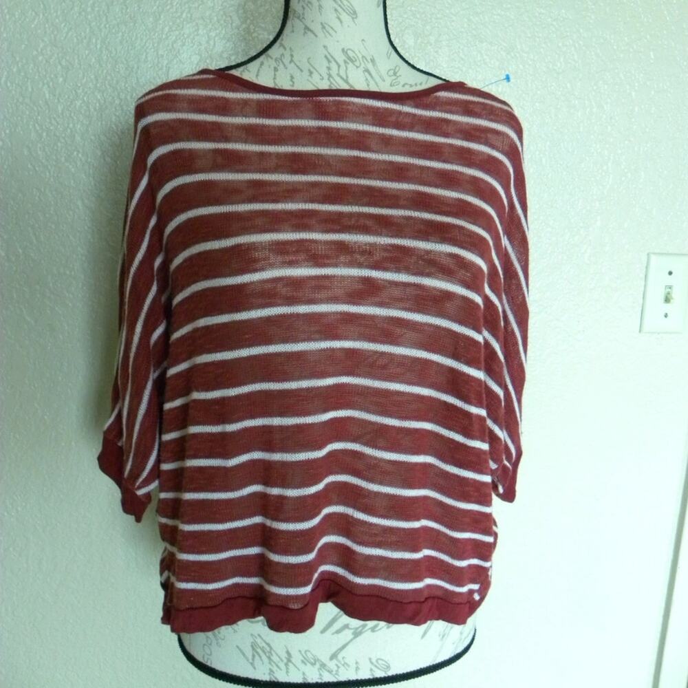 Kate Co Red Soft Knit Top Blouse Open Back Women Sz Medium White Stripe Casual